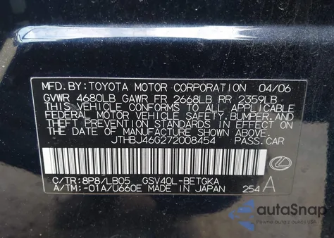 2007 Lexus Es 350 из США, поврежденный, VIN JTHBJ46G272008454